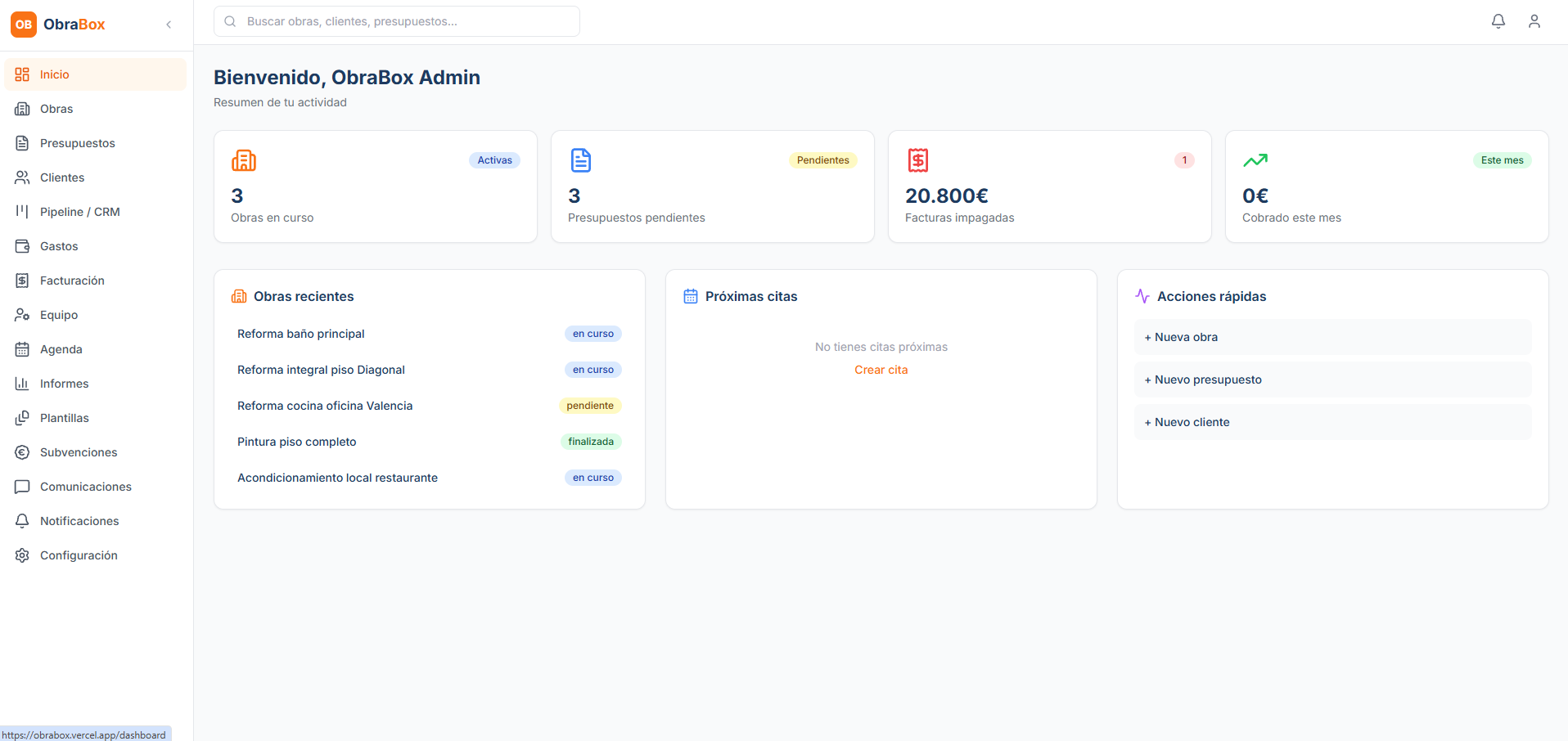 Dashboard de ObraBox, software de gestión a medida para empresas de reformas desarrollado por Adrián Márquez