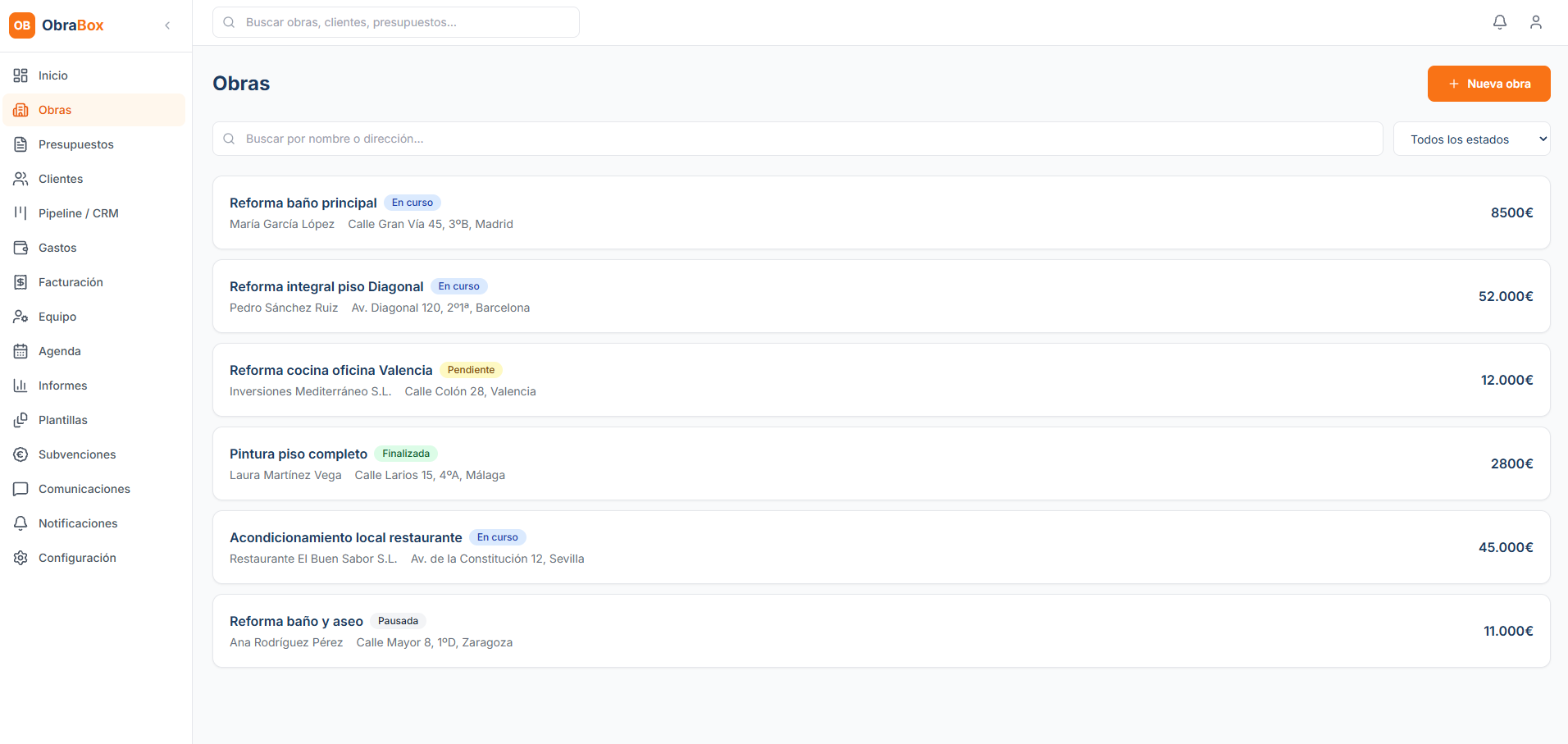 Lista de obras en ObraBox