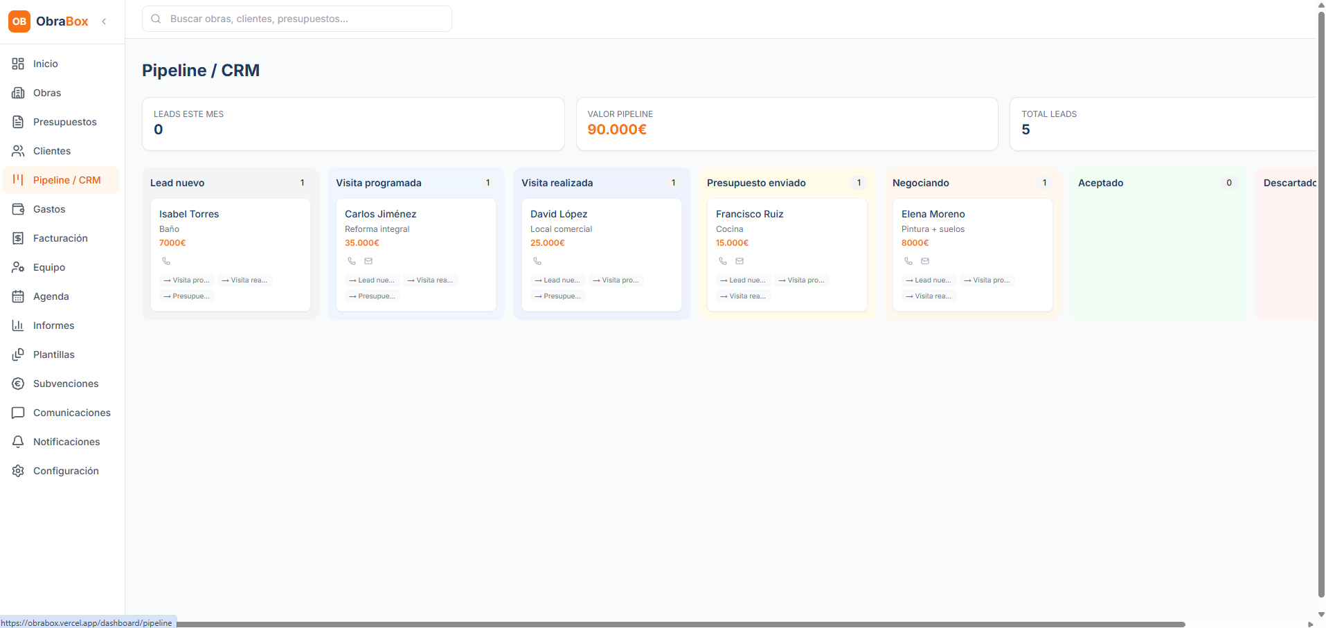 Pipeline CRM de ObraBox